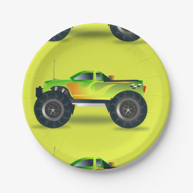 Monster truck on lime green paper plate (Front)