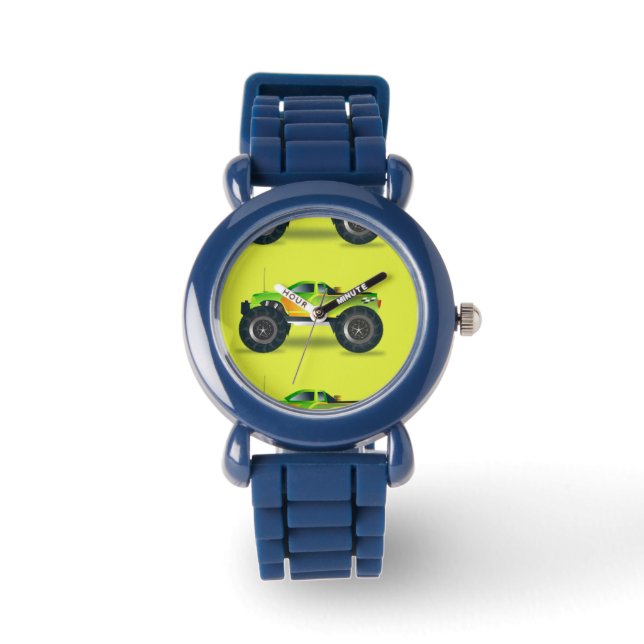 Monster truck on lime green watch (Front)