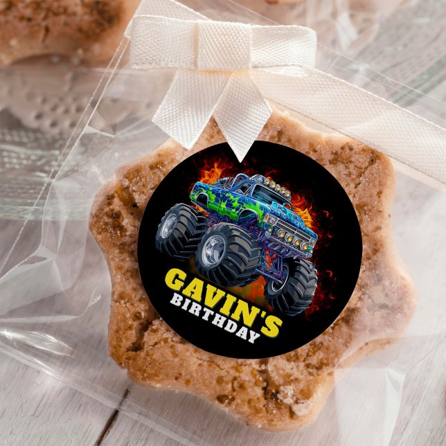 Monster Truck Personalised Birthday Party Classic Round Sticker (Creator Uploaded)