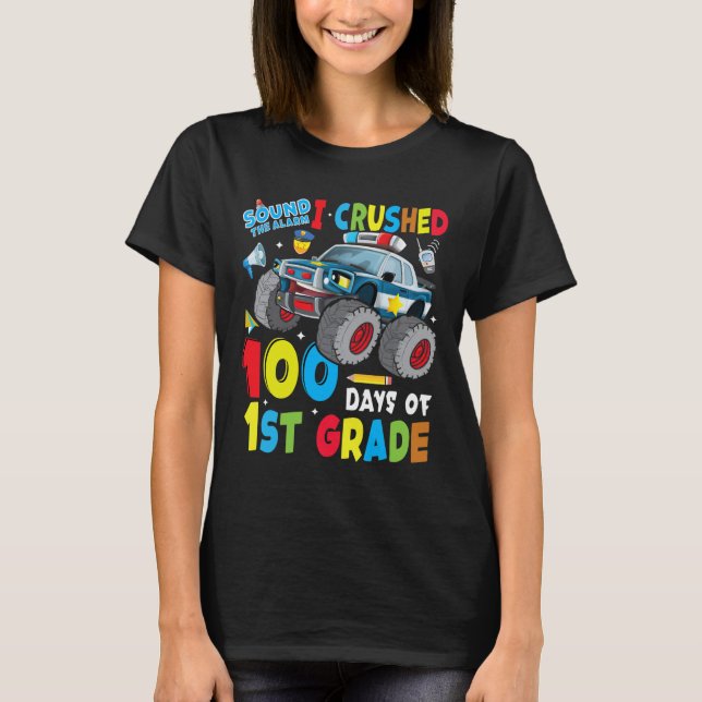 Monster Truck Police Car 100 Days Of School 1st Gr T-Shirt (Front)