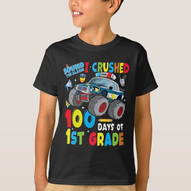 Monster Truck Police Car 100 Days Of School 1st Gr T-Shirt (Front)