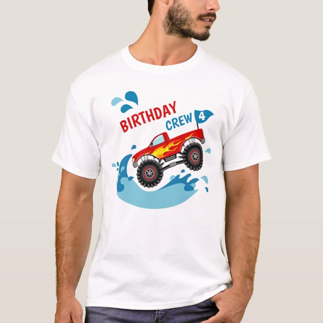 Monster Truck Pool Party Birthday Crew T-Shirt (Front)