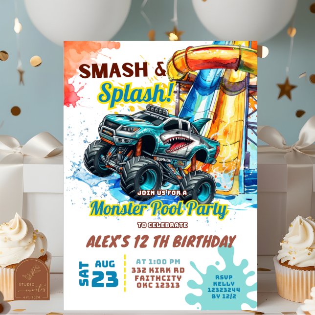 Monster Truck Pool Party Birthday Invitation (Creator Uploaded)