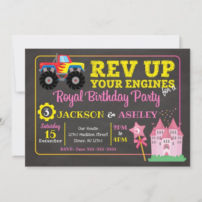Monster Truck & Princess Joint Birthday Invitation (Front)