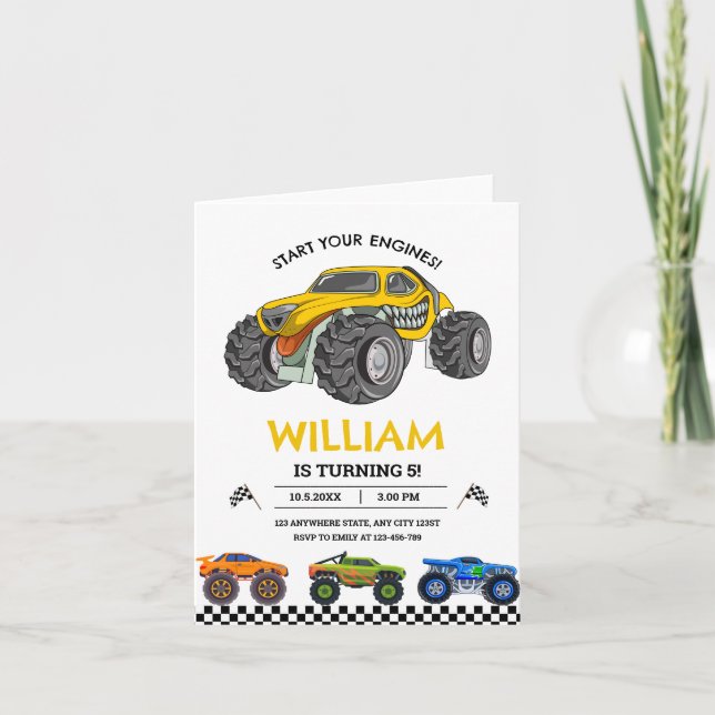 Monster Truck Race Birthday Invitation, Boys Party Invitation (Front)