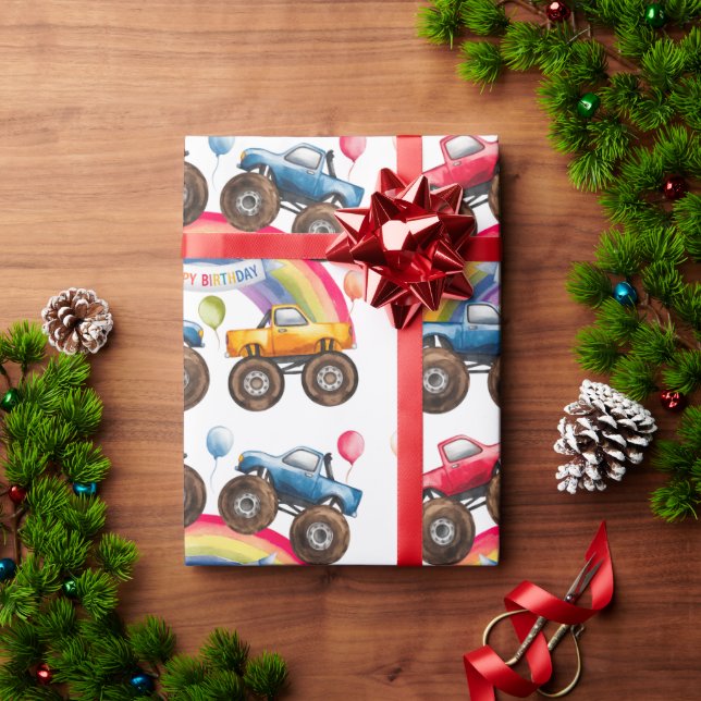 Monster Truck Rainbow Boy Birthday Bash Wrapping Paper (Holiday Gift)