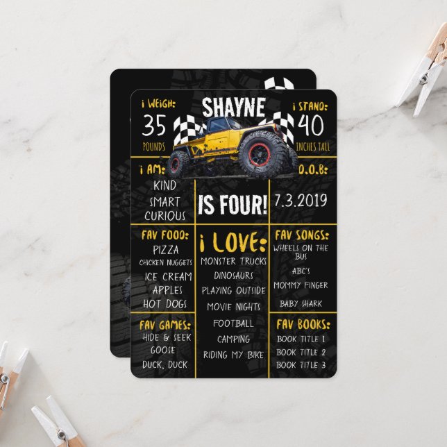 Monster Truck Rally Birthday Party Milestone Sign Invitation (Front/Back In Situ)