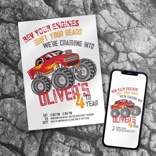 Monster Truck Rev Your Engines Birthday Party Invitation (Creator Uploaded)