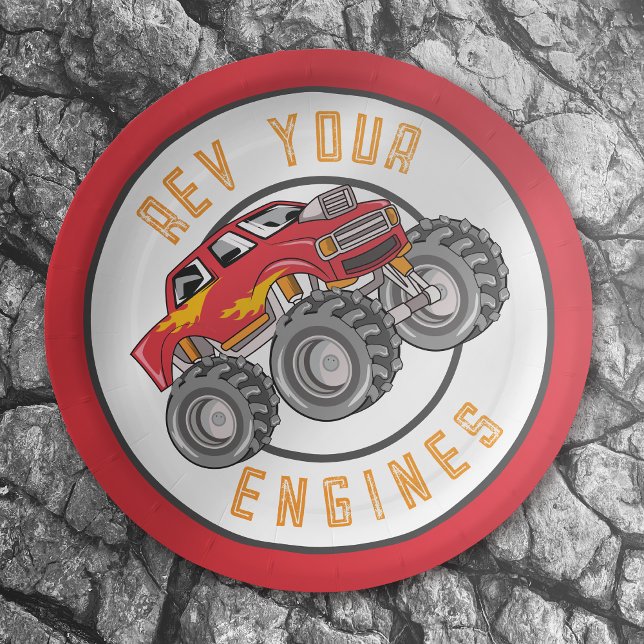Monster Truck Rev Your Engines Birthday Party Paper Plate (Creator Uploaded)