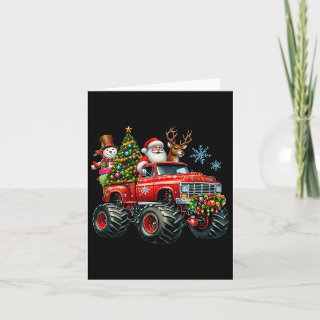 Monster Truck Santa Reindeer Christmas Tree Kids T Card (Front)