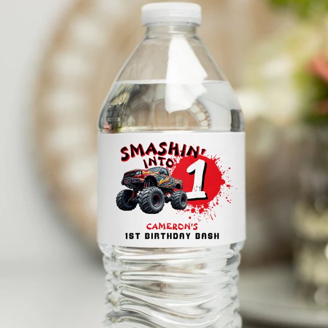 Monster Truck Smash 1st Birthday Water Bottle Label (Monster Truck Smash 1st Birthday Water Bottle Label
)
