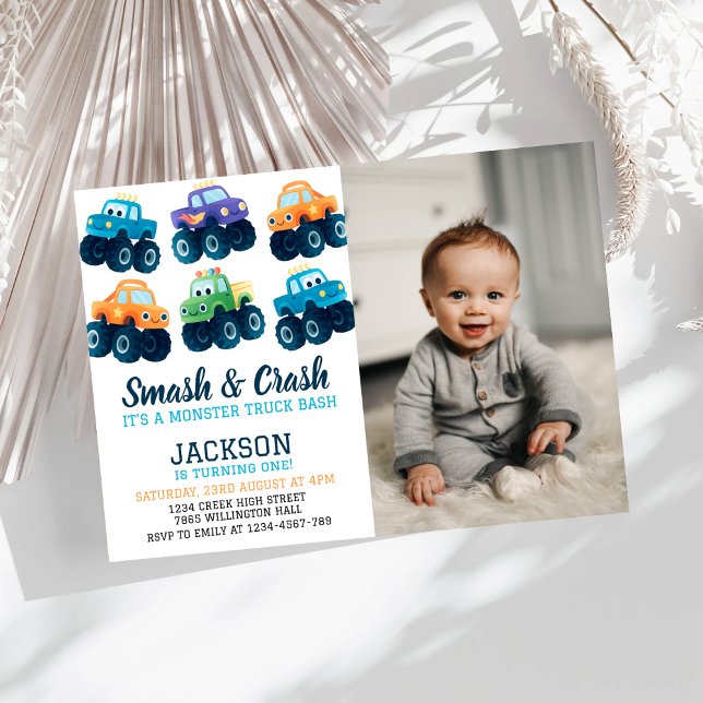 Monster Truck Smash and Crash Birthday Photo Invitation (Creator Uploaded)