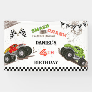 Monster truck smash and crash cute 4th birthday banner