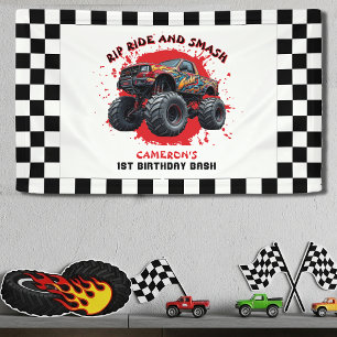 Monster Truck Smash Checkered Flag 1st Birthday Banner