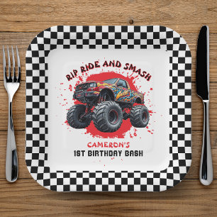 Monster Truck Smash Checkered Flag 1st Birthday Paper Plate