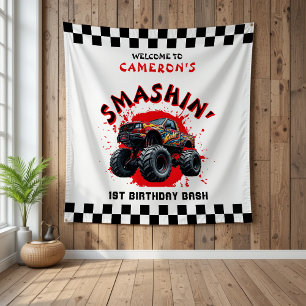 Monster Truck Smash Chequered 1st Birthday Welcome Tapestry
