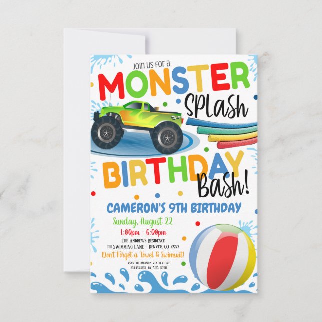 Monster Truck Splash Birthday Bash Party Invite (Front)