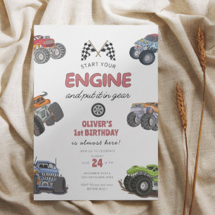 Monster truck, start your engine boy 1st birthday invitation
