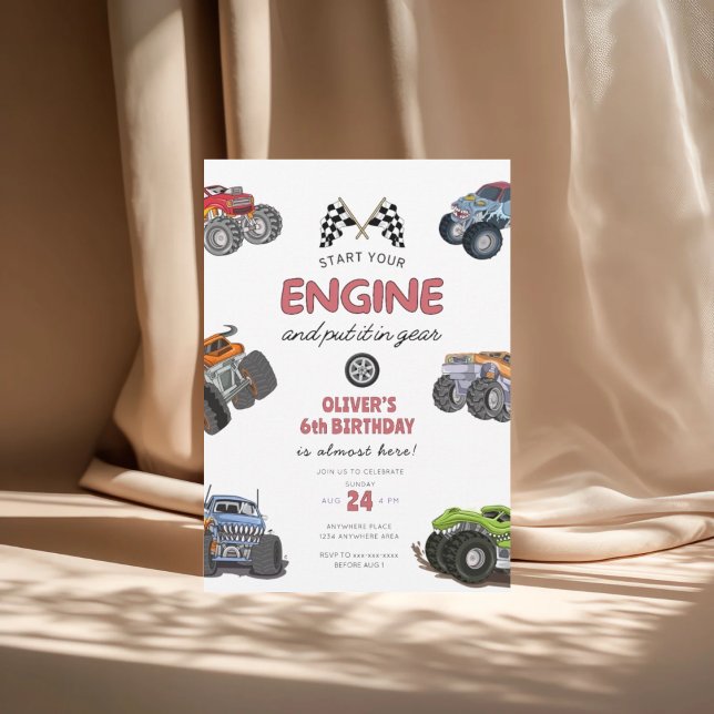 Monster truck, start your engine boy 6th birthday invitation (Creator Uploaded)