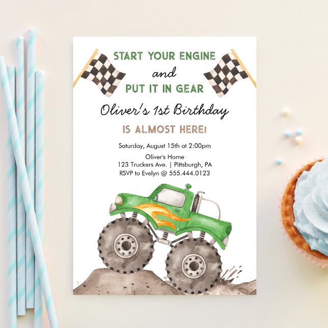 Monster Truck, Start Your Engine Boys 1st Birthday Invitation (Creator Uploaded)