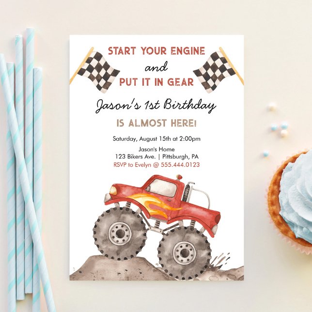 Monster Truck, Start Your Engine Boys 1st Birthday Invitation (Creator Uploaded)
