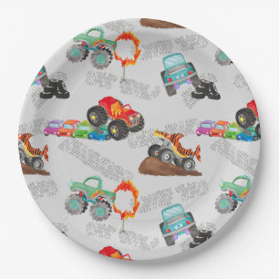 Monster Truck Stunts Watercolor Pattern Grey Paper Plate