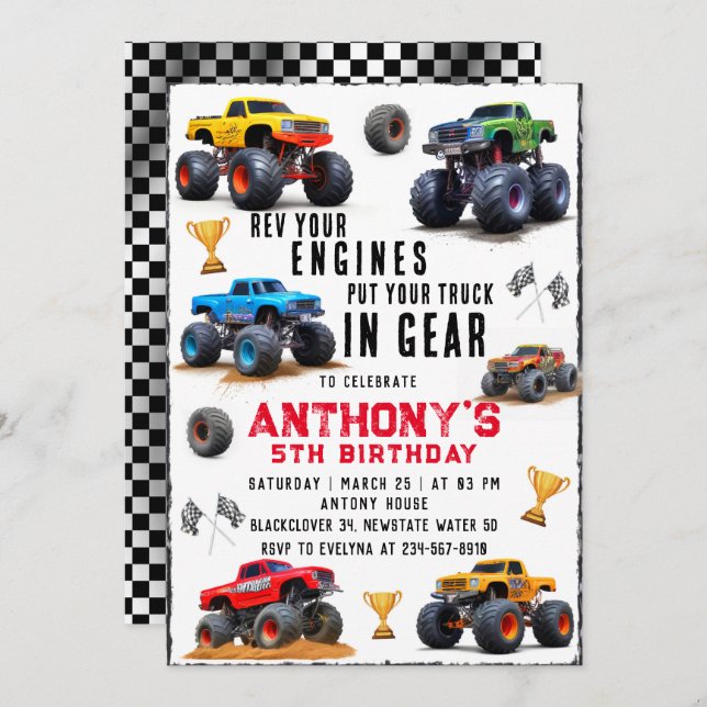 Monster Truck Team Birthday Party Invitation (Front/Back)