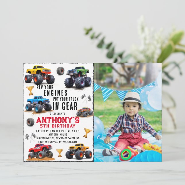 Monster Truck Team Birthday Party With Photo Invitation (Standing Front)