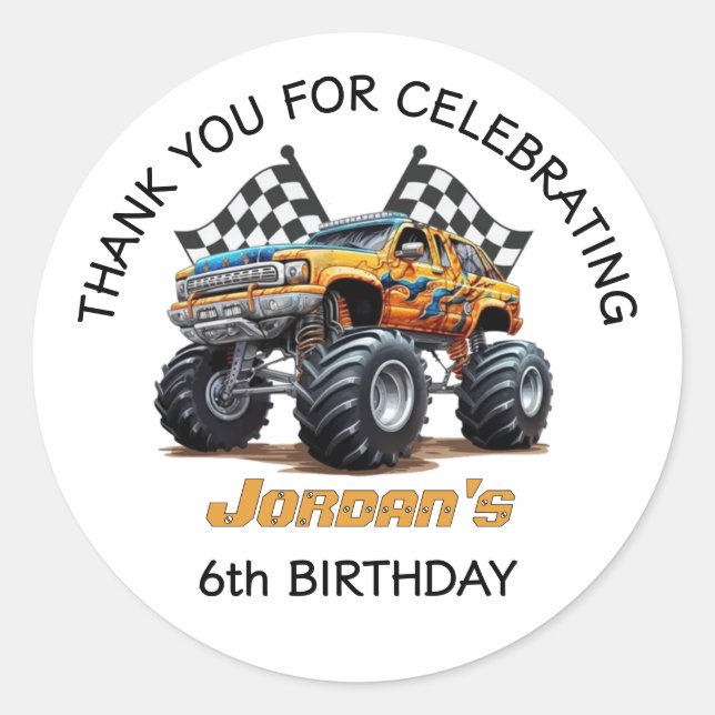 Monster Truck Thank You Birthday Party  Classic Round Sticker (Front)