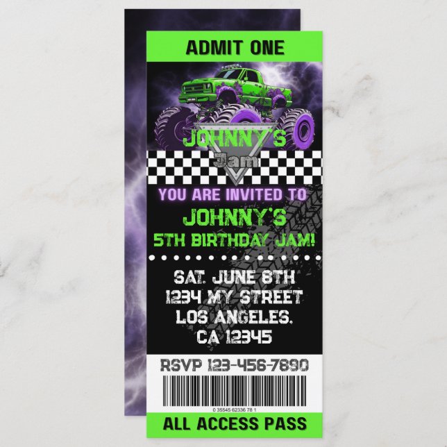 Monster Truck Ticket Birthday Invitation (Front/Back)