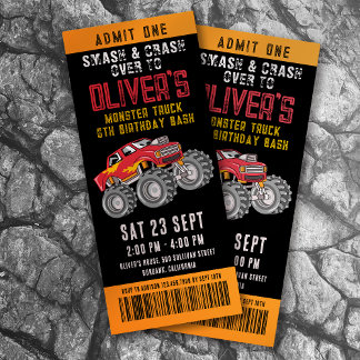 Monster Truck Ticket Birthday Party Invitation