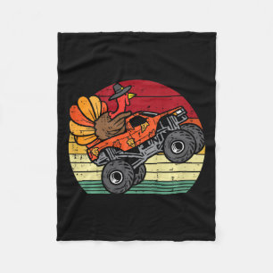 Monster Truck Turkey Sunset Retro Thanksgiving Boy Fleece Blanket