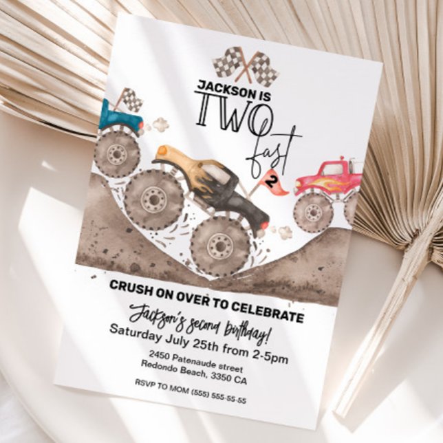 Monster Truck TWO FAST 2nd Birthday Invitation (TWO fast birthday invitation 2nd birthday invite)