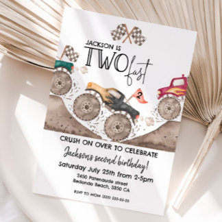 Monster Truck TWO FAST 2nd kids birthday Invitation