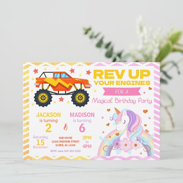Monster Truck & Unicorn Joint Birthday Invitation (Standing Front)