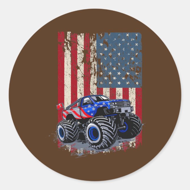 Monster Truck US Flag For Boy Girl Who Loves Classic Round Sticker (Front)