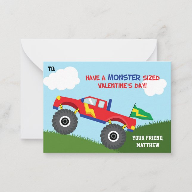 Monster Truck Valentines Day Card Kids (Boys) (Front)