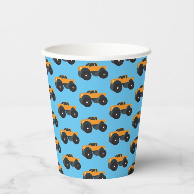 Monster Truck Vehicle Orange Blue Paper Cups (Front)