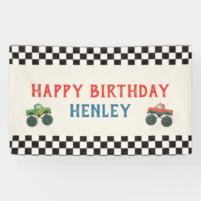 Monster Truck Watercolor Kids Birthday Party Banner (Horizontal)