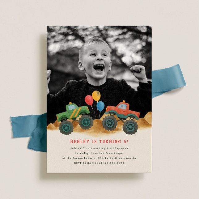 Monster Truck Watercolor Kids Photo Birthday Party Invitation (Creator Uploaded)