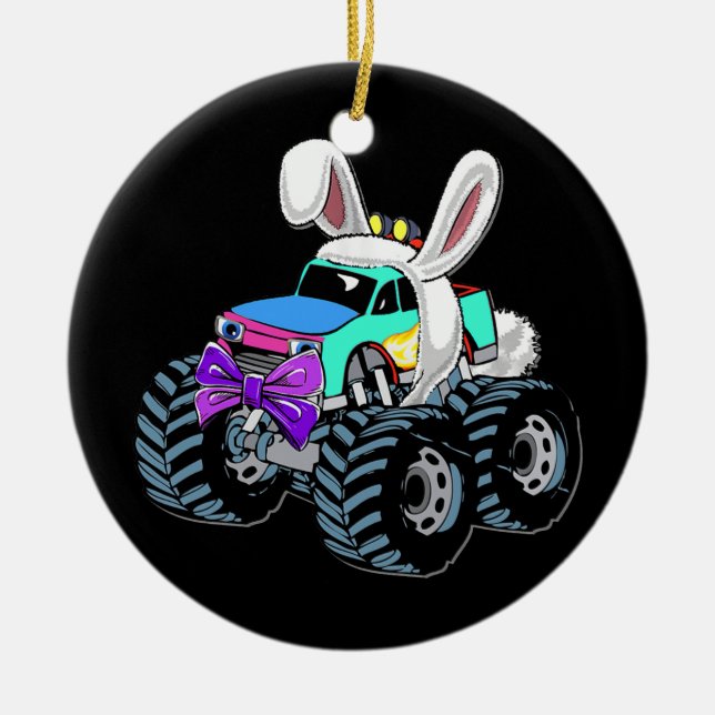Monster Truck With Bunny Ears Happy Easter Day Ceramic Tree Decoration (Front)