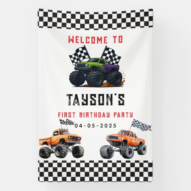 Monster Trucks 1st Birthday Party Banner – Vroom (Vertical)