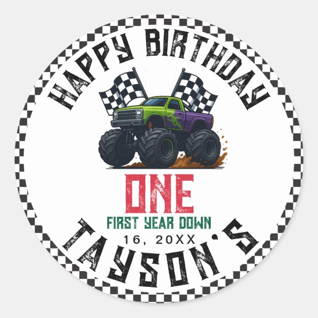 Monster Trucks 1st Birthday Vroom Party Classic Round Sticker (Front)