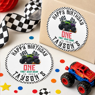 Monster Trucks 1st Birthday Vroom Party Classic Round Sticker