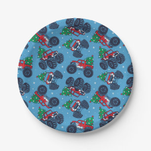 Monster Trucks and Christmas Trees Pattern Paper Plate