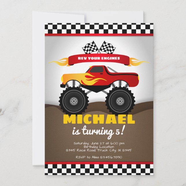 Monster Trucks Birthday Invitation for boy (Front)