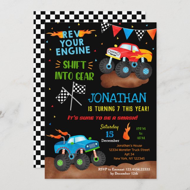Monster Trucks Birthday Invitations for boy Trucks (Front/Back)