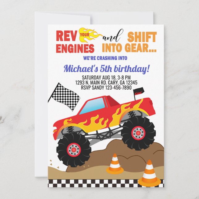 Monster trucks boy birthday invitation. invitation (Front)
