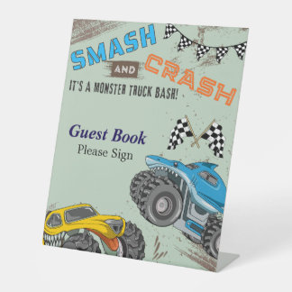 Monster Trucks Boy Birthday Party Guest Book Pedestal Sign