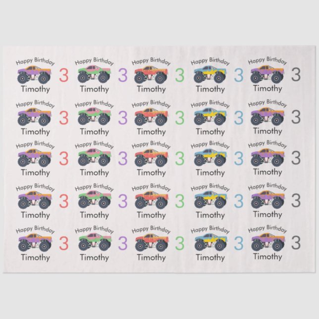 Monster Trucks Boy's Name & Age Birthday Tissue Paper (Front)